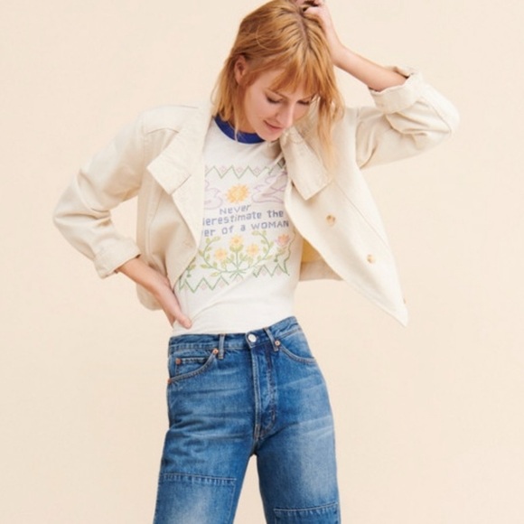 NWOT Anthro Current Air Talia ivory denim trucker jacket SIZE XS - Picture 3 of 7